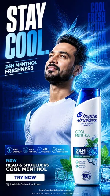 Athletic male model with thick hair experiencing an instant cooling rush from Head & Shoulders Cool Menthol shampoo, surrounded by frozen vapor and icy motion streaks on a deep ele