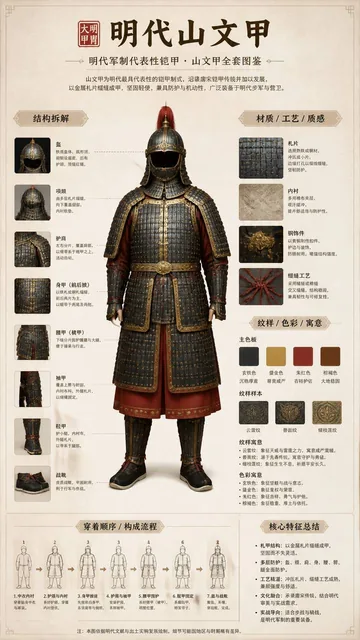 请根据明代甲胄自动生成一张[博物馆图鉴式中文拆解信息图]。