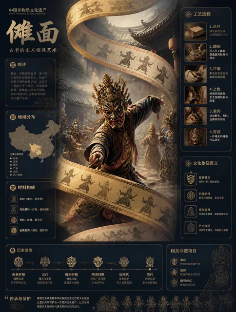 中国非物质文化遗产信息图海报，竖版3:4构图画面中心:展示傩面的核心场景(工艺制作/表演/人物操作)，具有强叙事感视觉主结构:一条巨大的丝带/卷轴在空间中盘旋贯穿画面，表面装饰与[主题]相关的传统纹样、历史片段、图案故事背景环境:具有地域文