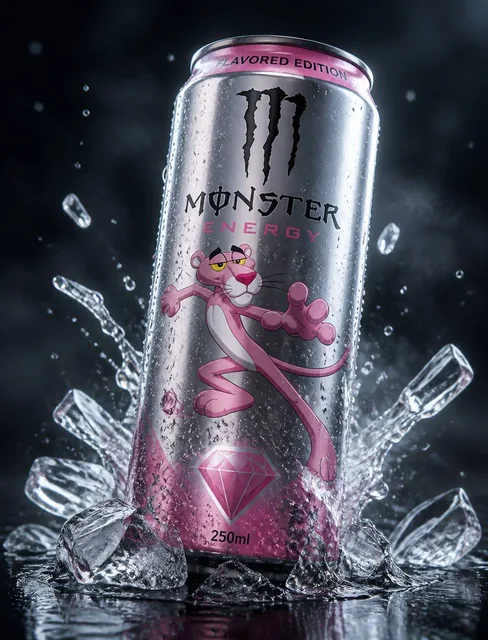 A hyper-realistic 250ml sleek aluminum flavored edition can in high resolution, with a 3D animated [Pink Panther] charac