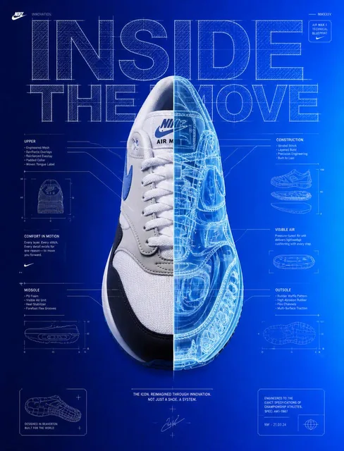 Premium sneaker ad featuring a shoe split between its real form and a technical X-ray blueprint, with 'INSIDE THE MOVE' typography and engineering diagrams on a gradient blue backg