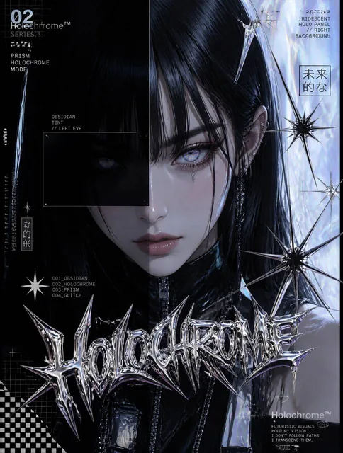 Obsidian & HolographicFuturistic anime girl with sleek jet black hair and holographic rainbow eyes, obsidian black squar