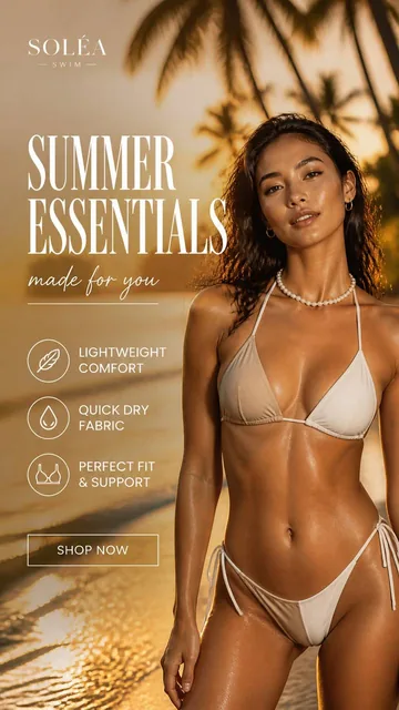 Ultra realistic luxury bikini fashion advertisement, tropical beach at golden hour sunset, beautiful Asian woman with gl