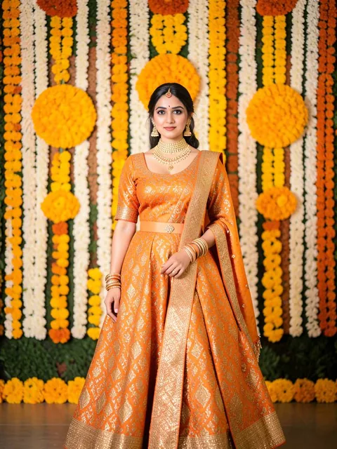 A young woman stands centered in a traditional Indian lehenga of vibrant orange and gold, her attire featuring intricate