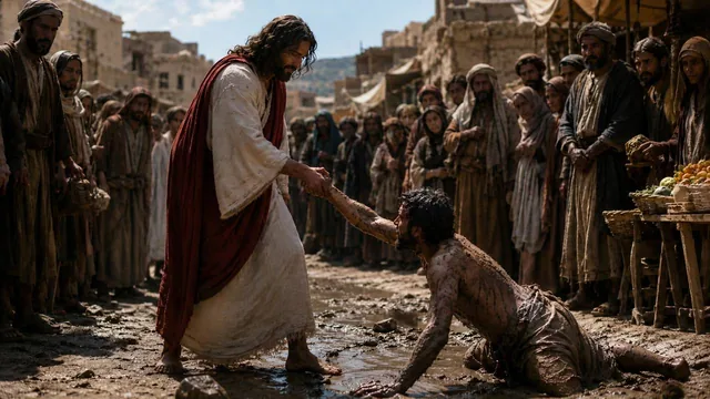 Jesus helping a man who fell into mudan Ancient Epic cinematic shot of an ancient jewish person with long curly hair wea