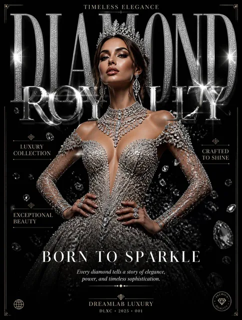 Ultra-luxury fashion editorial poster on a clean black background with subtle diamond dust textures and cinematic lighti