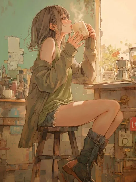 Scene and Action: A young woman with a short, neat haircut sits on a rustic wooden stool, sipping from a steaming cerami
