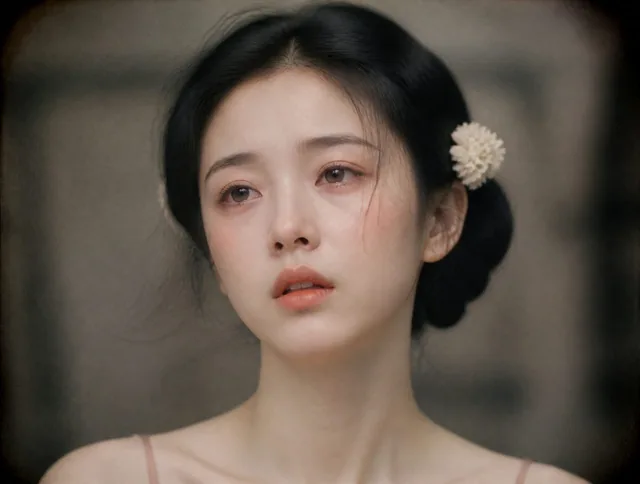 工笔重彩与超写实摄影融合风格，民国舞女肖像。竖幅构图，正面近景人像，人物位于画面中央，占据约四分之三高度，面部集中于画面上半部分。年轻东方女性，瓷白半透明肌肤，肌理细腻通透，仿佛薄胎白瓷，带有真实毛孔与柔和光泽。乌黑长发向后收拢成圆润低髻，