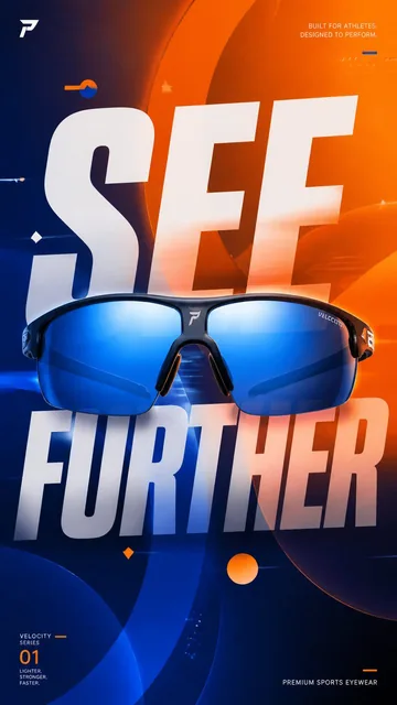 Premium commercial advertising poster for sport sunglasses, featuring a centered pair of sunglasses with reflective blue lenses against an electric orange and cobalt blue gradient