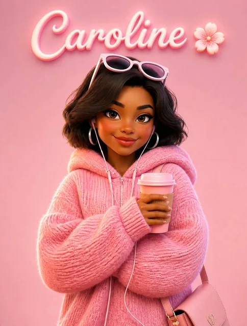 A cute Pixar-style 3D cartoon girl standing against a soft pastel pink background, wearing an oversized fluffy pink knit