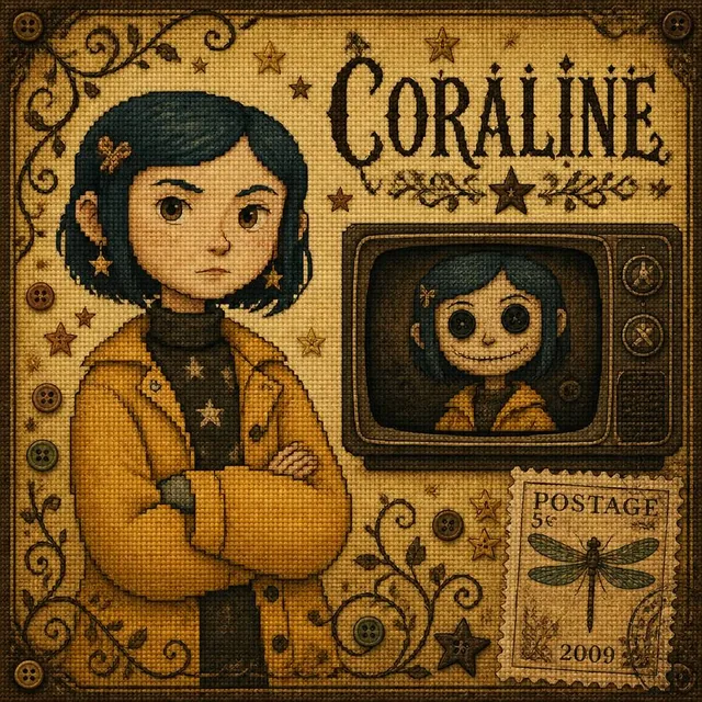 Vintage cross-stitch fan art illustration in scrapbook layout style.CHARACTER: Use my given image, pale skin with freckl