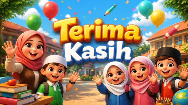 A vibrant 3D-rendered scene features a group of diverse, cheerful students in school uniforms and hijabs waving joyfully
