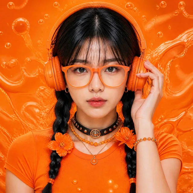Ultra-realistic close-up fashion portrait of a young Asian woman, centered composition, looking directly into the camera
