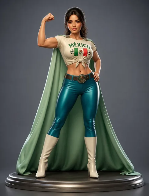 A realistic 3D Pixar/Disney style female character with athletic build, wearing tight aqua-blue pants, white boots, a crop top, and a flowing green cape, standing confidently on a