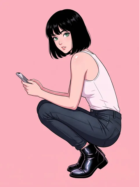 A stylized anime-inspired portrait features a young woman with chin-length black hair and striking green eyes, captured