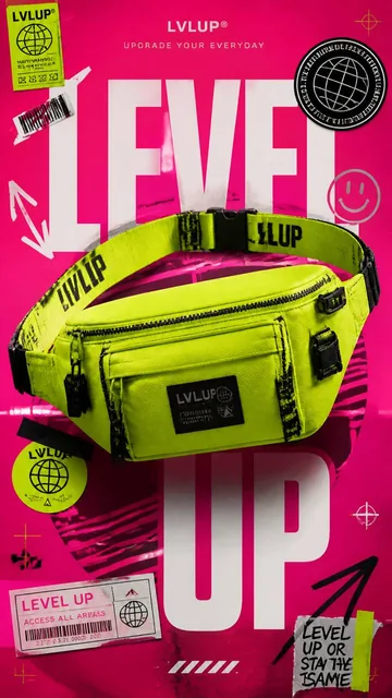A premium 9:16 streetwear advertising poster with a central neon lime utility belt bag, electric magenta background, and bold "LEVEL UP" typography with graphic elements.
