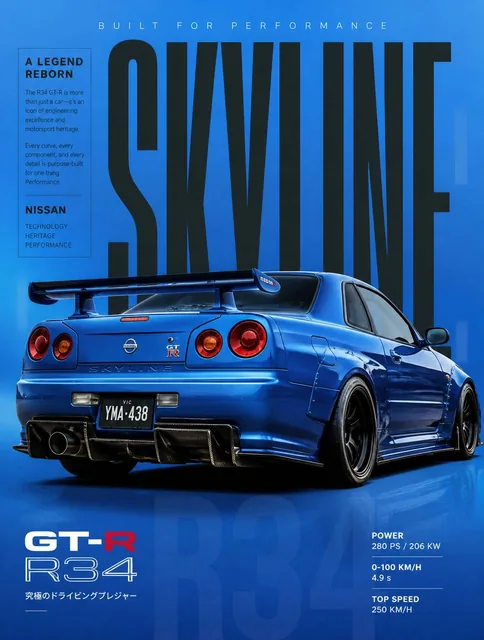 Nissan Skyline R34 GT-R, Fast and Furious inspired aesthetic, premium automotive editorial poster.