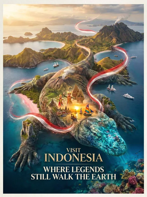 Create a revolutionary tourism poster for Indonesia where the entire Komodo Archipelago is visualized as a colossal livi