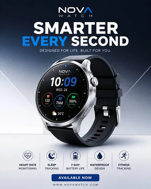 Create a premium 4:5 commercial advertising poster for a fictional smartwatch brand called "NOVA WATCH".OBJECTIVECreate