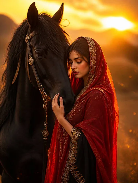 A stunningly beautiful woman with a delicate face and fair skin stands in a field, wrapped in a bright red veil with int