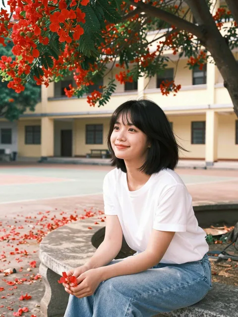 Linh An, young Vietnamese woman, same facial identity as reference image, short black layered bob haircut with wispy ban
