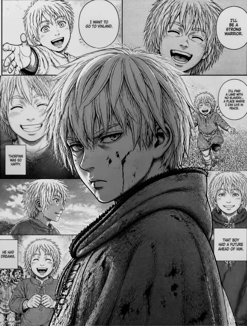 make thorfinn form vinland saga a teen make his face have blood not too much and make the back ground manga panels of hi