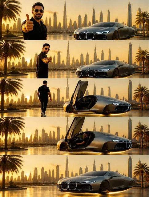 Man gives thumbs up to camera, gestures 'come here', walks confidently to the hovering BMW concept car, gets into the op