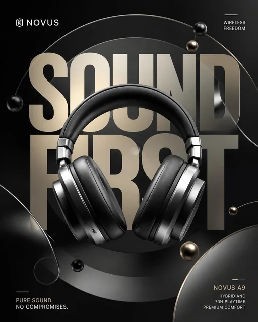 A pair of luxury over-ear headphones centered on a deep charcoal background, surrounded by geometric circles and gradient rings, with bold 'SOUND FIRST' typography.