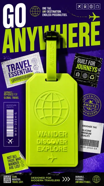 A premium 9:16 vertical advertising poster with a large neon lime luggage tag centered on a deep royal purple background, featuring bold typography 'GO ANYWHERE' and graphic elemen