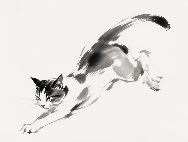 猫，极简东方水墨动态速写，无字