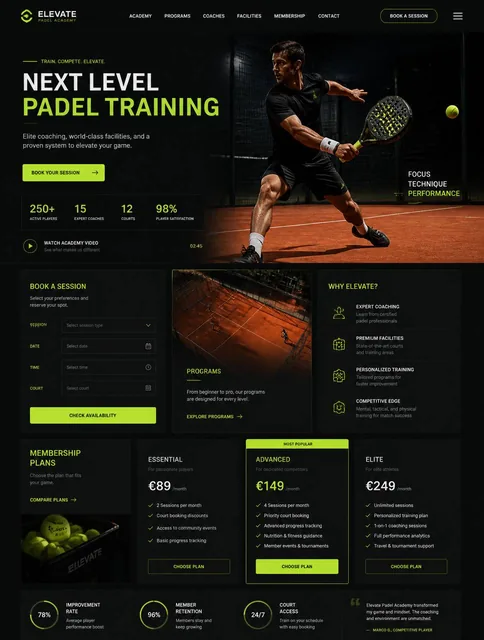 A high-fidelity landing page UI design for a premium padel training academy, characterized by a sophisticated dark mode