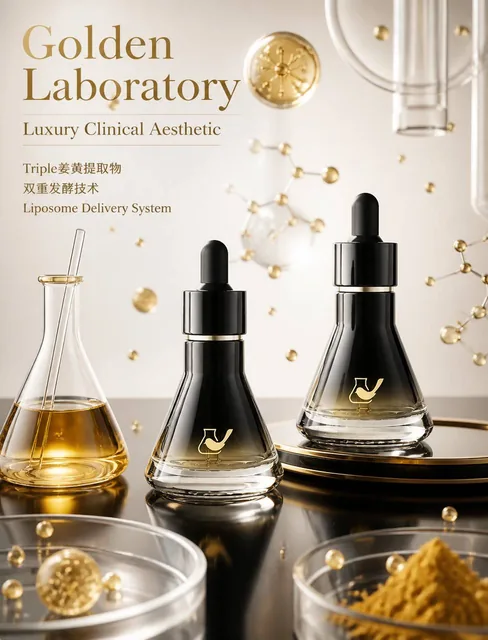 参考[图片2]侧面图和元素，深色反光台面上，左侧一个椭圆形内有黄色液体，中间黑色椭圆形波纹管[图片1]的阴影，右侧另一个黑色椭圆形波纹管[图片1]位于托盘上，背景为黑色椭圆形波纹管[图片1]位于托盘上，背景为黑色椭圆形波纹管至金色，Luxu