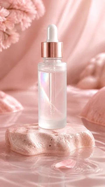 Luxury skincare product presentation featuring a translucent frosted glass serum dropper bottle. The bottle is perfectly