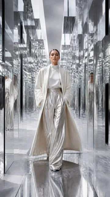 Ultra-luxury fashion editorial campaign, vertical 9:16 composition, a confident model walking through an endless corrido