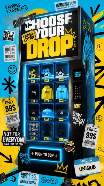 A futuristic 9:16 advertising poster featuring a streetwear vending machine filled with glowing limited-edition sneakers, hoodies, and accessories against a vibrant cyan and yellow