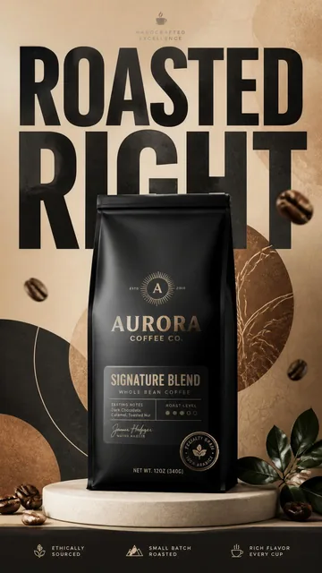A premium commercial advertising poster for a luxury coffee brand, showcasing a matte-black coffee bag with 'ROASTED RIGHT' typography against a warm beige backdrop.