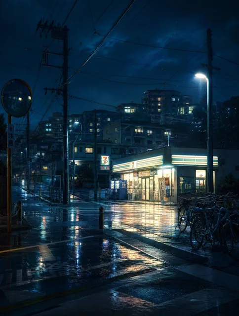 A lonely 24-hour convenience store glowing at midnight beside a quiet suburban road, warm fluorescent light spilling ont