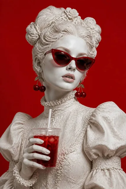 A hyper-realistic digital art portrait of a fashion-forward woman styled like a marble statue. She has porcelain white s
