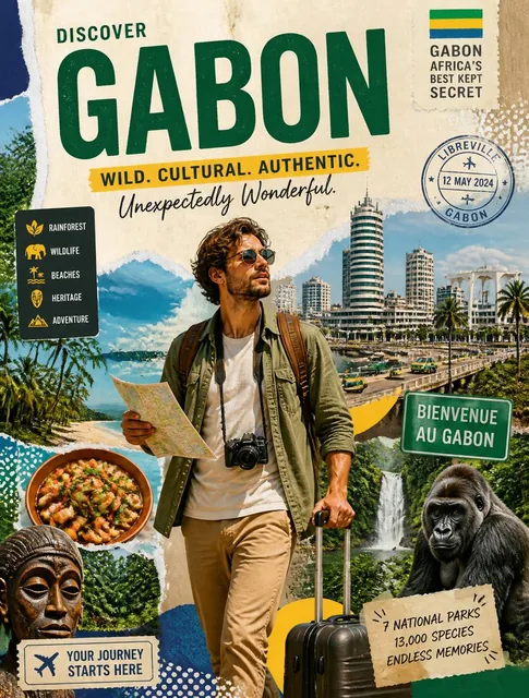 Create a stylized travel poster for [Gabon].The main subject should be a stylish international tourist (man) visiting [G