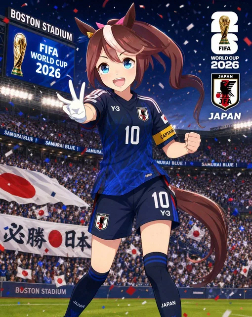 Japanese Uma Musume Tokai Teio come to a stadium to lead Japan team to win a FIFA World Cup 2026. She wears japan footba