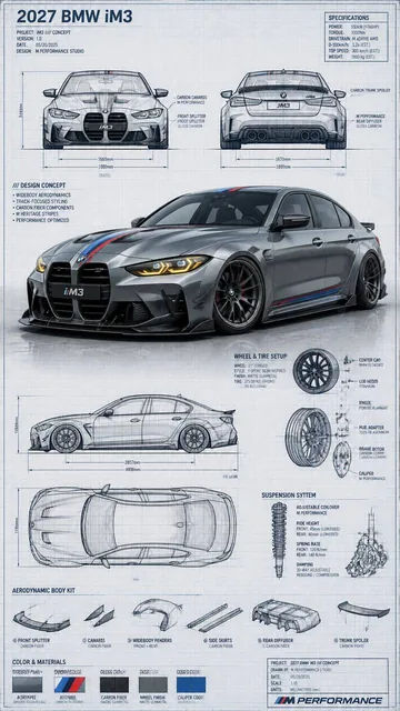 Highly detailed technical blueprint sketch and realistic 3D–render fusion of a custom modified car 2027 BMW iM3.