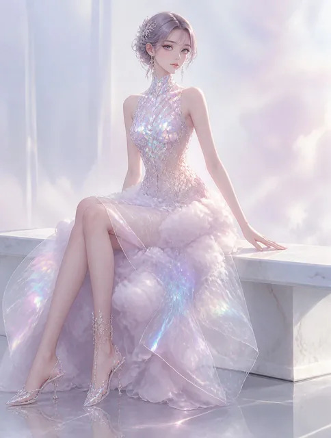 A dreamy anime fashion illustration highlighting a highly creative, surreal dress. The anime model maintains a quiet, el