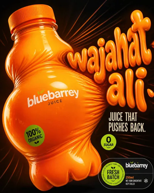Design a '4:5' product poster for an 'bluebarrey' juice 3d bottle using playful inflatable-plastic packaging surrealism