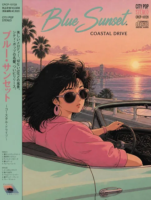 A vintage 1990s anime style illustration reminiscent of a classic city-pop album cover. A beautiful woman with voluminou