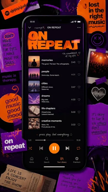 A premium 9:16 editorial lifestyle poster.Main Subject:A giant realistic playlist screen displayed vertically.Instead of