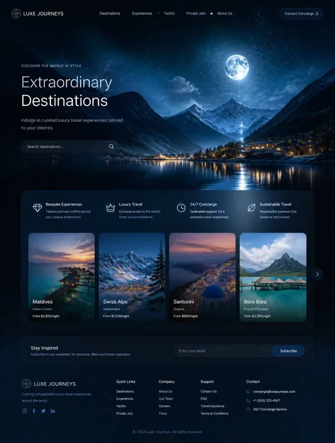 Luxury moonlight travel landscape, glowing lake reflections, stars in sky, cinematic mountains at night, blue moon glow,