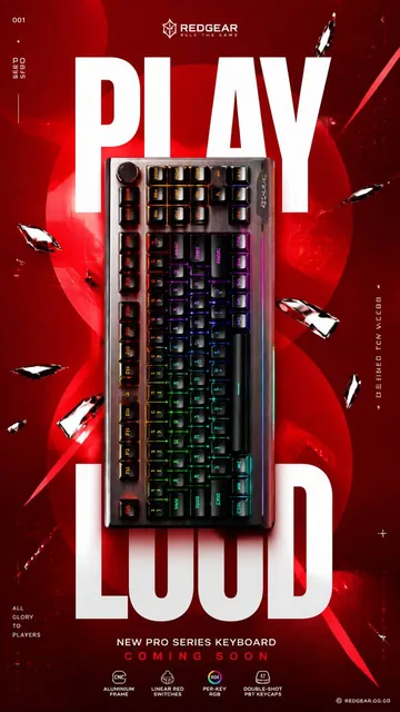 Premium advertising poster for a luxury gaming keyboard launch, featuring a central mechanical keyboard, bold "PLAY LOUD" typography, and dynamic crimson geometric graphics against