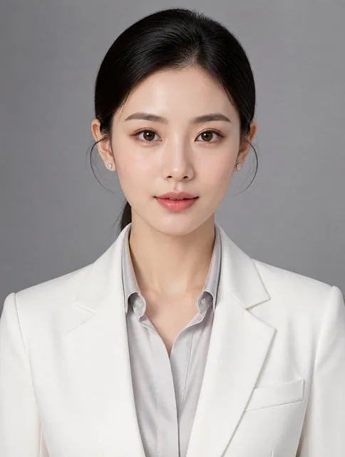 人物肖像照，正面，28岁东亚年轻女生，28岁亚洲女性职业肖像，乌黑低丸子头，佩戴简约白金耳钉（直径8mm）。五官特征：粉雾眉（#5A4A42渐变），杏仁眼带珠光浅棕眼影（Pantone 16-1225TPX），鼻梁高挺，MLBB裸粉唇釉（#