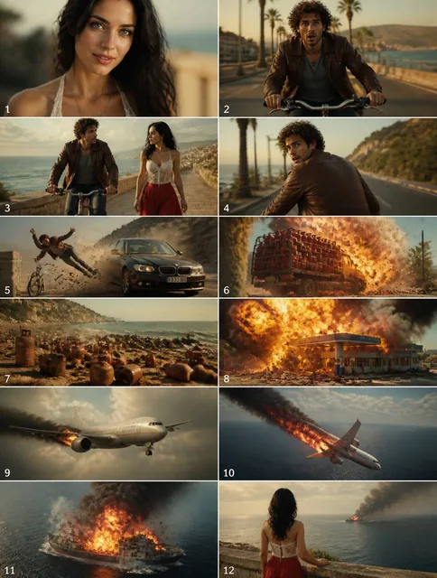 Cinematic action-drama storyboard sequence, photorealistic, anamorphic 2.39:1, shot on RED camera with anamorphic lens f