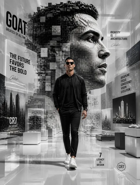 A futuristic monochrome motivational digital artwork featuring a man resembling Christiano Ronaldo walking forward confi